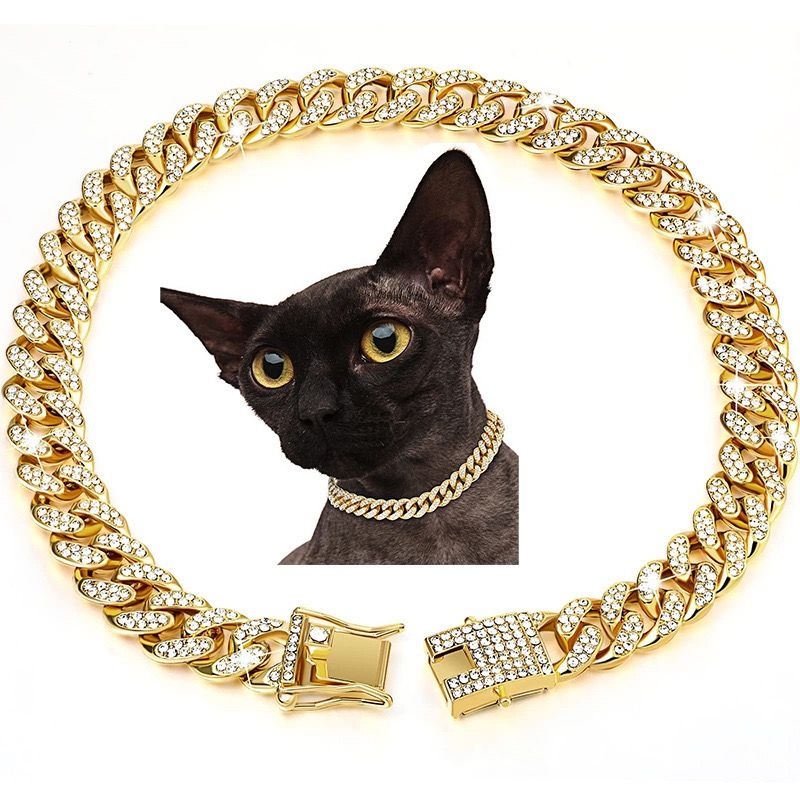 Sparkling Diamond-Studded Cuban Chain Pet Collar – Hip-Hop Bling Necklace for Cats and Small Dogs, Adjustable Fit, Gold, Silver, Rose Gold, or Pink Crystal Accents, Bold Fashion Statement for Your Furry Trendsetter (Gold, 55cm（22in）)