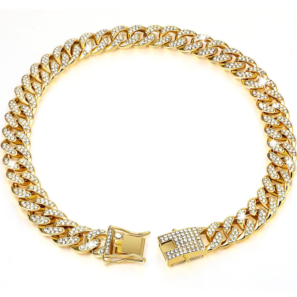 Sparkling Diamond-Studded Cuban Chain Pet Collar – Hip-Hop Bling Necklace for Cats and Small Dogs, Adjustable Fit, Gold, Silver, Rose Gold, or Pink Crystal Accents, Bold Fashion Statement for Your Furry Trendsetter (RoseGold, 20cm（8in）)