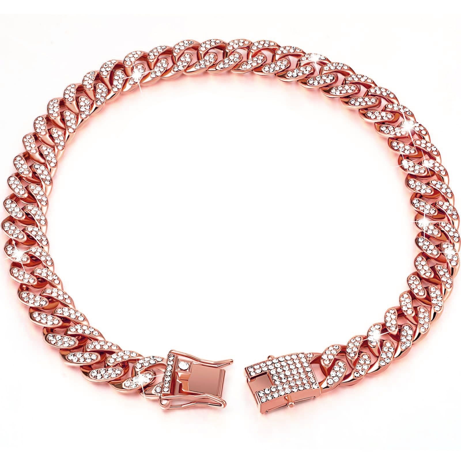 Sparkling Diamond-Studded Cuban Chain Pet Collar – Hip-Hop Bling Necklace for Cats and Small Dogs, Adjustable Fit, Gold, Silver, Rose Gold, or Pink Crystal Accents, Bold Fashion Statement for Your Furry Trendsetter (RoseGold, 25cm（10in）)
