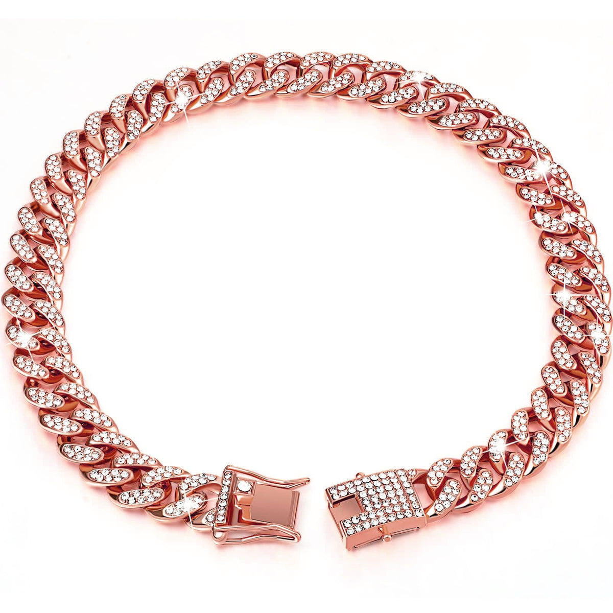 Sparkling Diamond-Studded Cuban Chain Pet Collar – Hip-Hop Bling Necklace for Cats and Small Dogs, Adjustable Fit, Gold, Silver, Rose Gold, or Pink Crystal Accents, Bold Fashion Statement for Your Furry Trendsetter (RoseGold, 35cm（14in）)