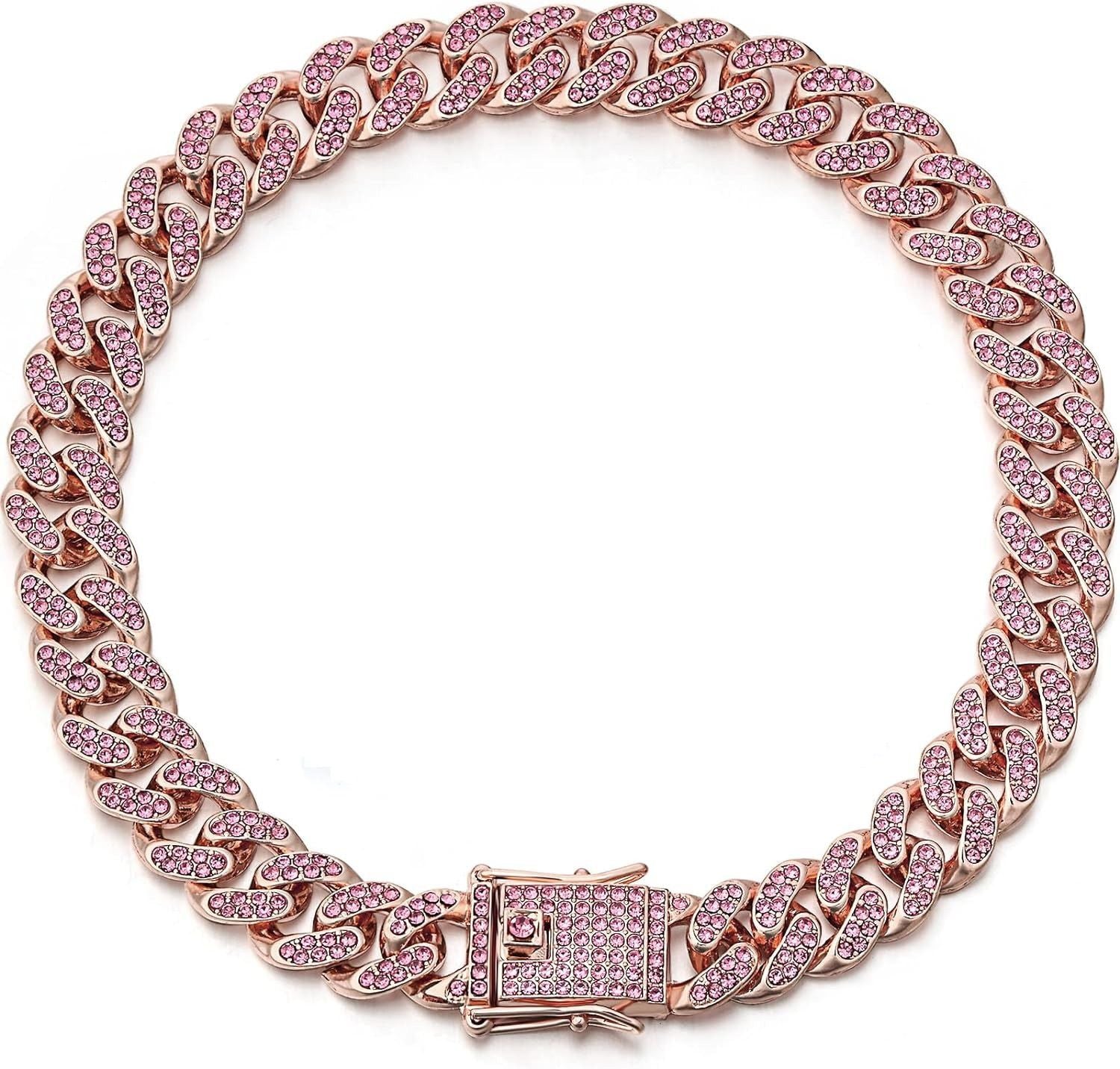 Sparkling Diamond-Studded Cuban Chain Pet Collar – Hip-Hop Bling Necklace for Cats and Small Dogs, Adjustable Fit, Gold, Silver, Rose Gold, or Pink Crystal Accents, Bold Fashion Statement for Your Furry Trendsetter (RoseGold, 45cm（18in）)