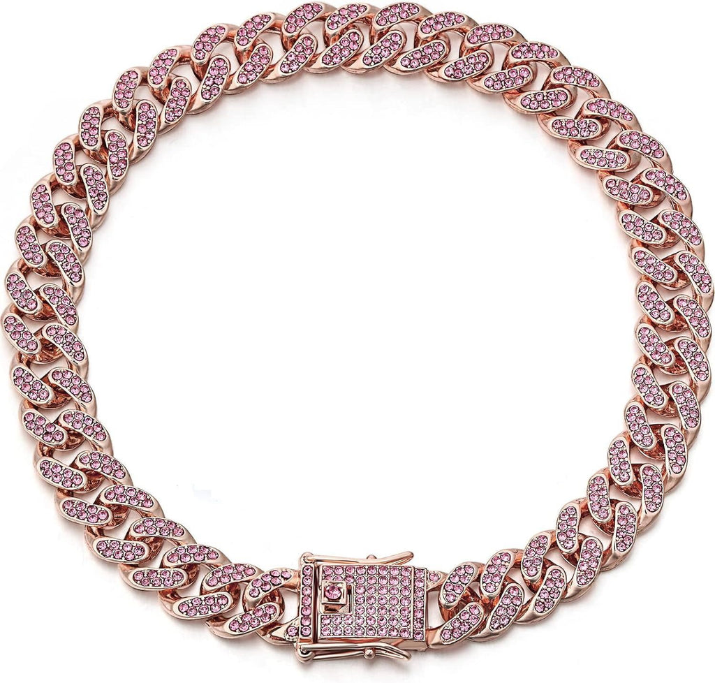 Sparkling Diamond-Studded Cuban Chain Pet Collar – Hip-Hop Bling Necklace for Cats and Small Dogs, Adjustable Fit, Gold, Silver, Rose Gold, or Pink Crystal Accents, Bold Fashion Statement for Your Furry Trendsetter (RoseGold, 75cm（30in）)