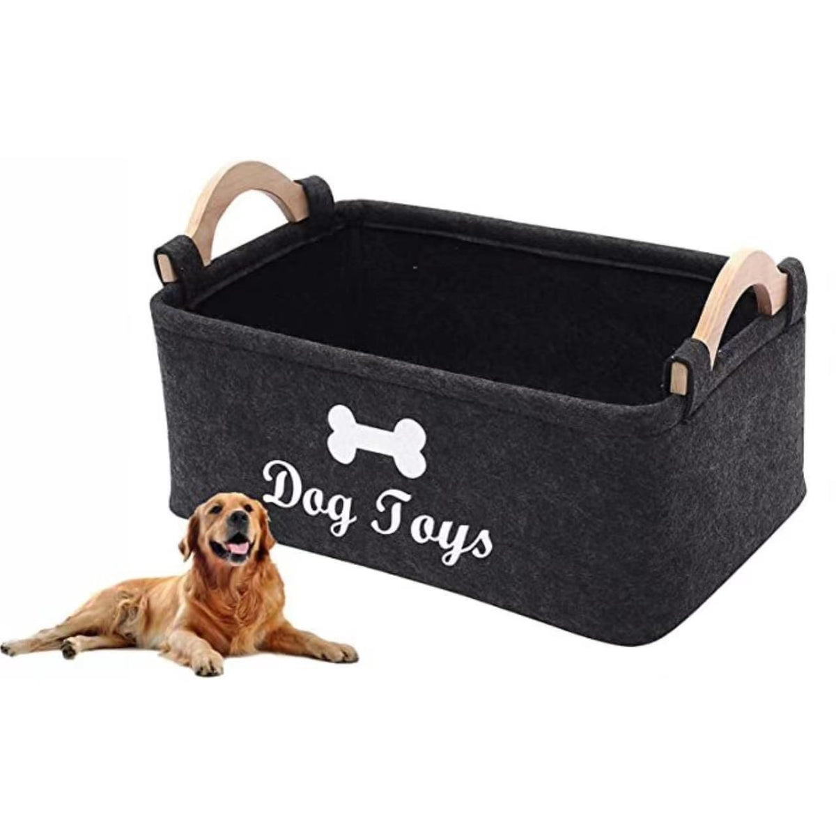 Dog Toys Storage Bins - with Wooden Handle, Collapsible Pet Supplies Storage Basket Pet supplies storage Basket/Bin (Dark Grey)
