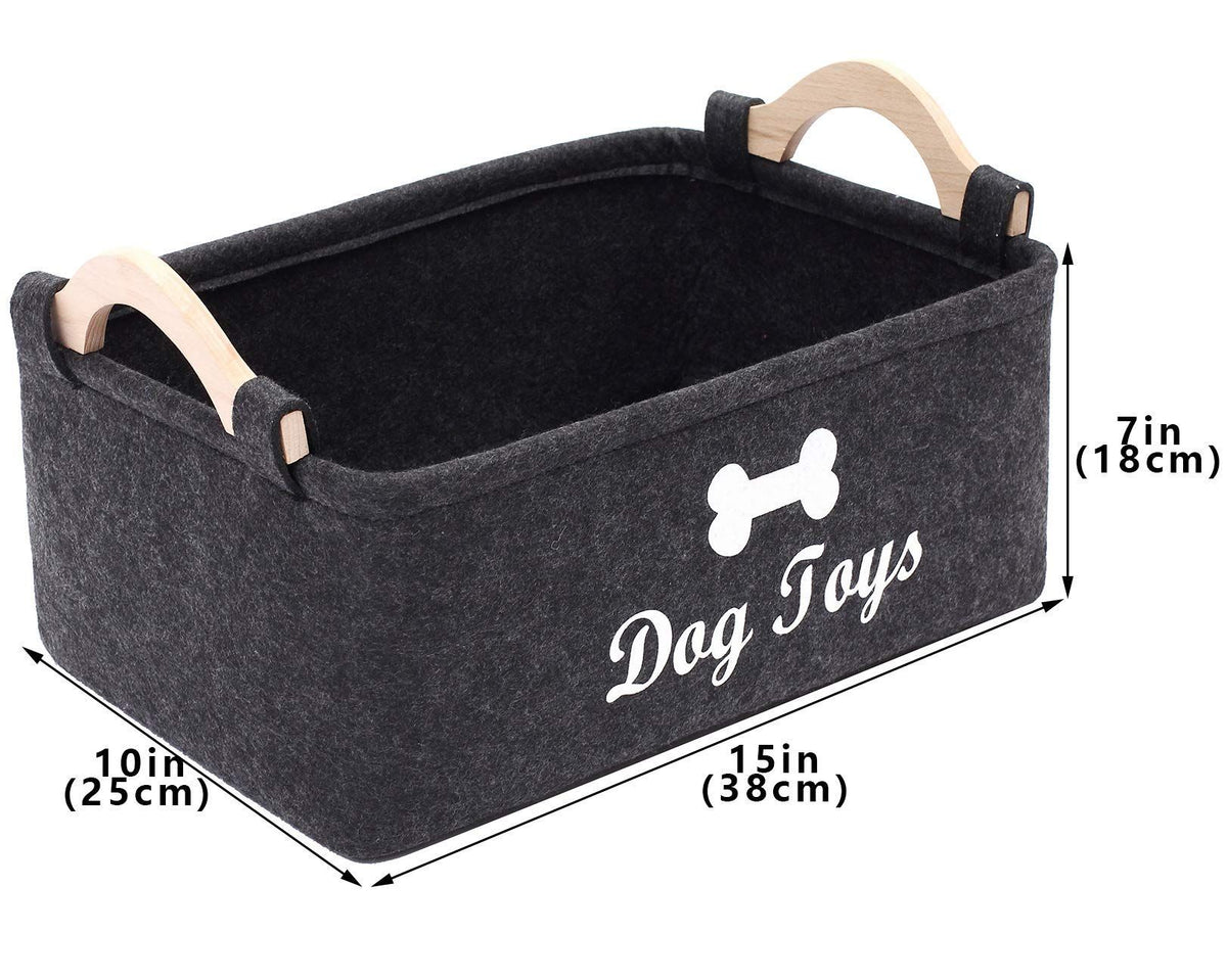 Dog Toys Storage Bins - with Wooden Handle, Collapsible Pet Supplies Storage Basket Pet supplies storage Basket/Bin (Dark Grey)