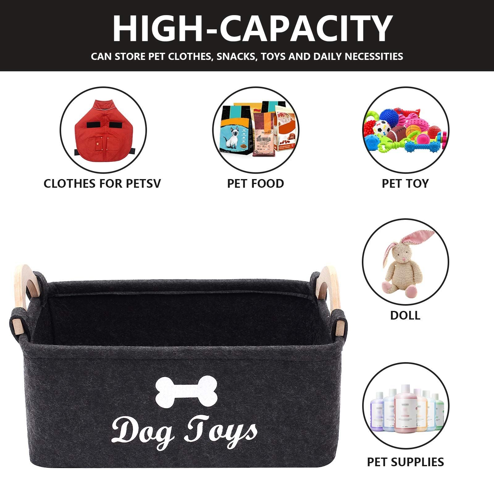 Dog Toys Storage Bins - with Wooden Handle, Collapsible Pet Supplies Storage Basket Pet supplies storage Basket/Bin (Dark Grey)