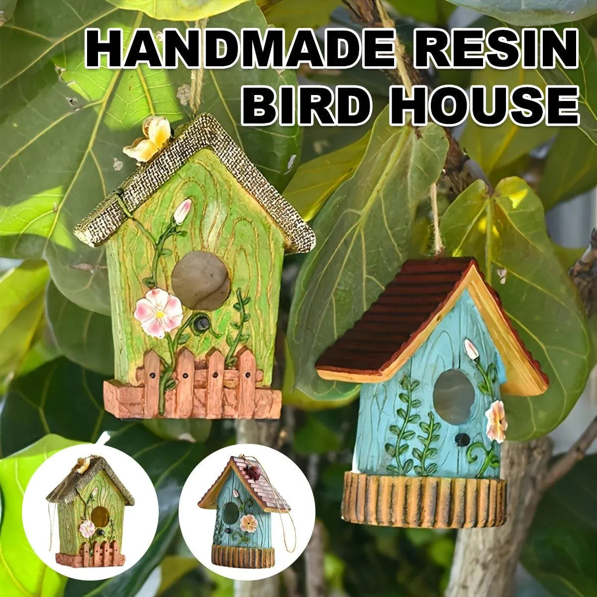 Handmade Birdhouse Resin Cute Patio Garden Hanging Nest Decoration for Outdoors - Green