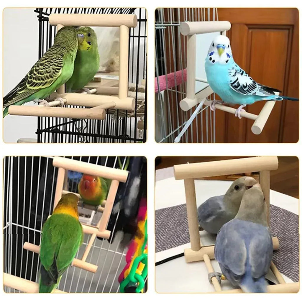 Birds Mirror With Perch Toy Stand Bird Toy for Parrot Parakeets Cockatiels Cage