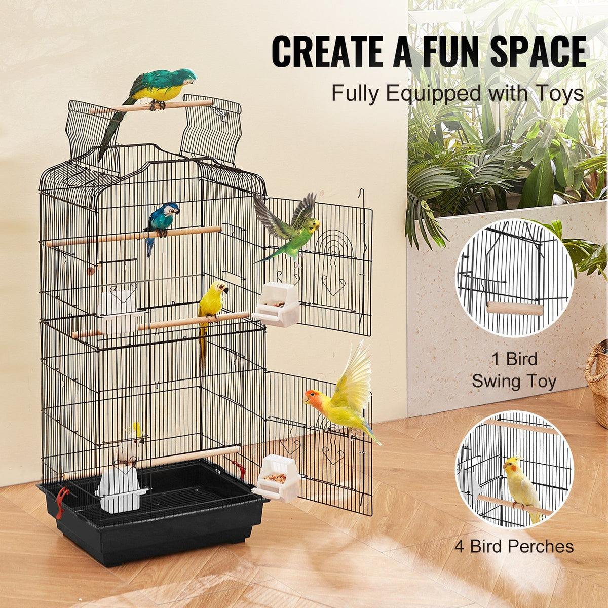 104cm Open Top Large Bird Cage with Stand Hanging Parrot Bird Cage for Parakeets Cockatiels Budgies Lovebirds Finches Canaries Quaker Conures with Swing Perch