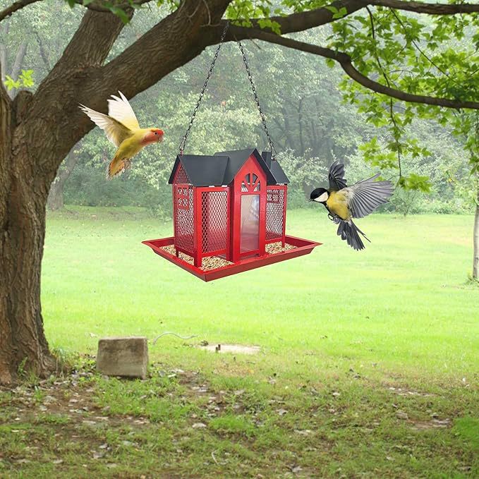 Charming House-Shaped Hanging Bird Feeder - Durable Metal Design for Wild Birds(red)