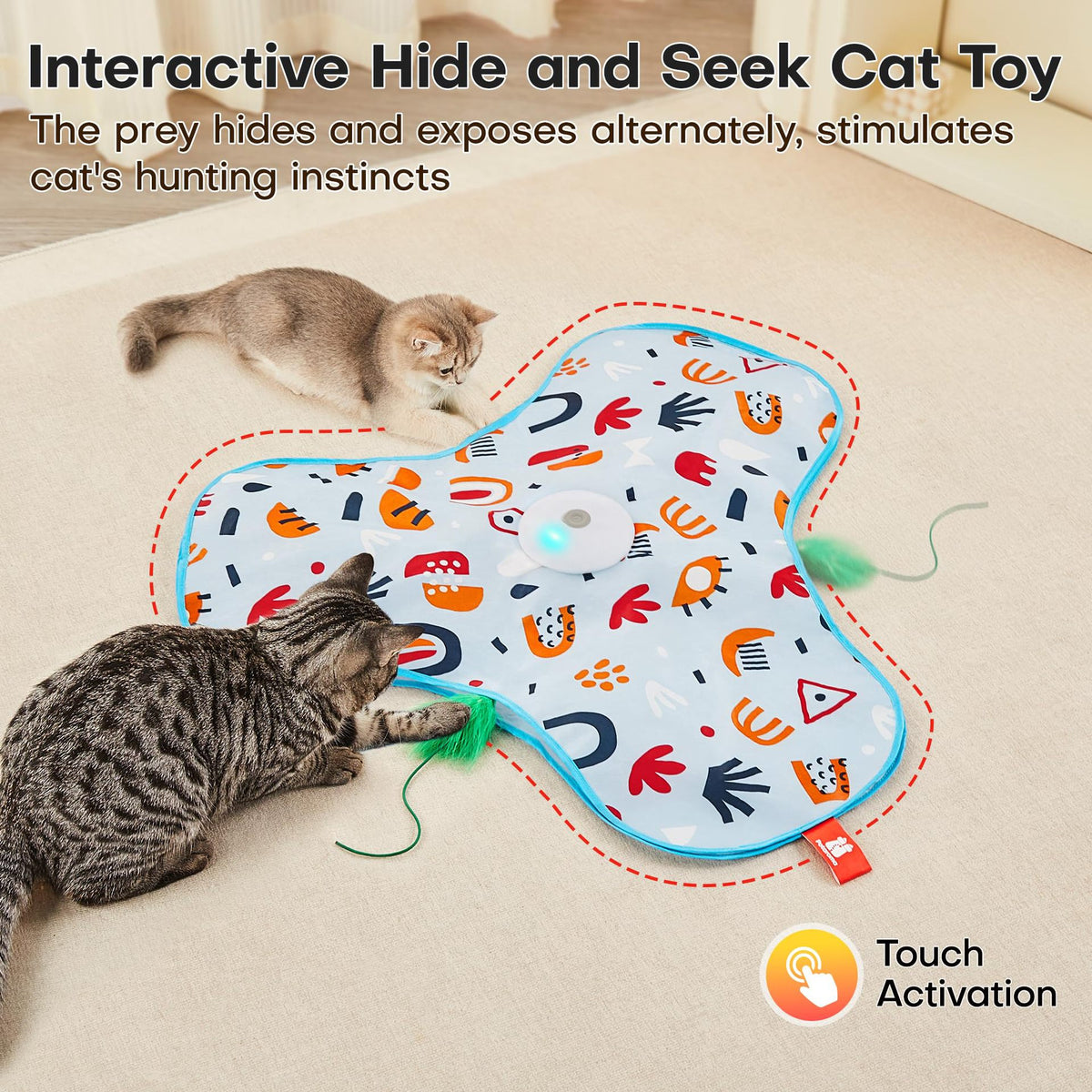 Blue Interactive Cat Toys Rechargeable,Moving Concealed Feathers,Real Mouse Squeaky,Touch Activated Cat Kitten Toy Exercise Toys for Indoor Bored Adult Cats