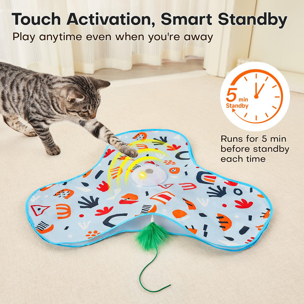 Dark Blue Interactive Cat Toys Rechargeable,Moving Concealed Feathers,Real Mouse Squeaky,Touch Activated Cat Kitten Toy Exercise Toys for Indoor Bored Adult Cats