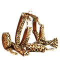 L Luxury 5 Piece Dog Harness and Collar Set Leopard Print with Leash Bow Tie & Waste Bag Holder Gold Metal Buckle Walking Gear