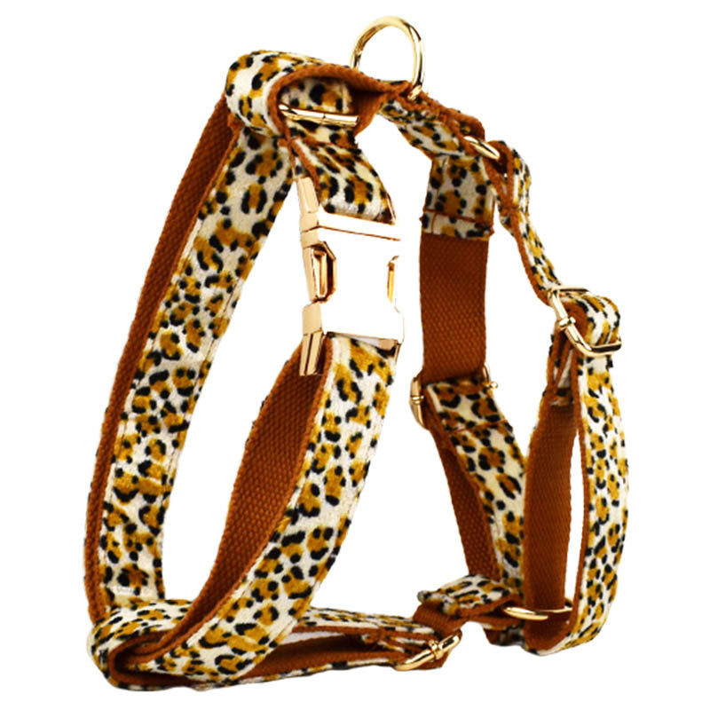 XL Luxury 5 Piece Dog Harness and Collar Set Leopard Print with Leash Bow Tie & Waste Bag Holder Gold Metal Buckle Walking Gear