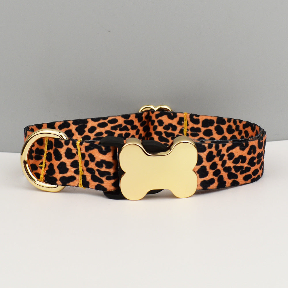 L Leopard Print Boho Patterned Dog Collar with Gold Metal Bone Buckle Adjustable Tribal & Leopard Print Neck Strap for Puppies & Dogs