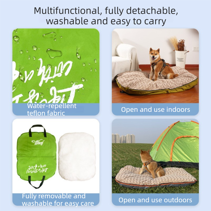 Khaki S size Portable Foldable Pet Bed Mat – Waterproof Travel Dog Bed and Cat Cushion with Carry Handles, Removable Washable Cover, Plush Comfort Padding for Indoor and Outdoor Use