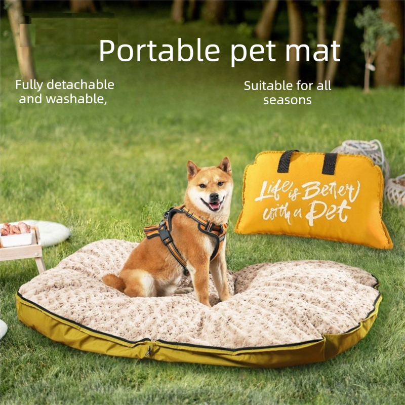 Khaki M size Portable Foldable Pet Bed Mat – Waterproof Travel Dog Bed and Cat Cushion with Carry Handles, Removable Washable Cover, Plush Comfort Padding for Indoor and Outdoor Use