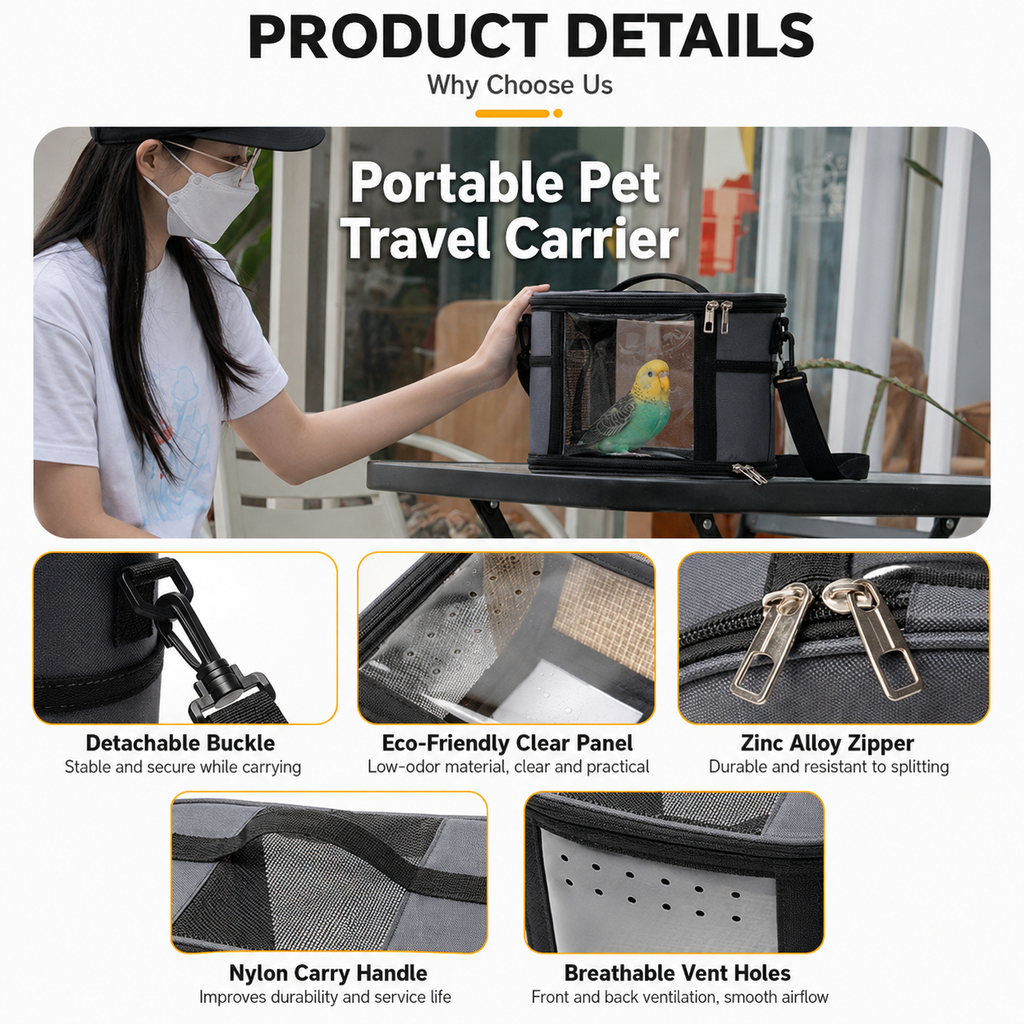 Small Animal Travel Bag(26*17*19cm) - Off-White small nylon and plastic portable pet bag with shoulder strap and handle, suitable for parrots, hamsters, guinea pigs and rabbits.