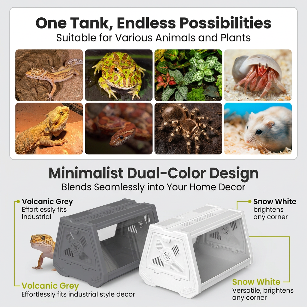 Grey Desktop Reptile Terrarium Enclosure 27x19x19cm with Double Door Opening and Ventilation for Small Reptiles, Amphibians and Plants