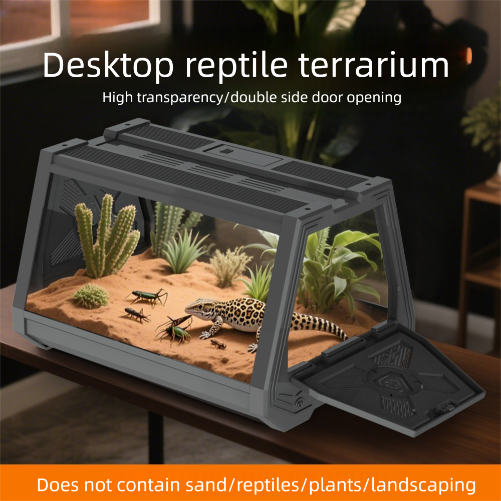Grey Desktop Reptile Terrarium Enclosure 27x19x19cm with Double Door Opening and Ventilation for Small Reptiles, Amphibians and Plants