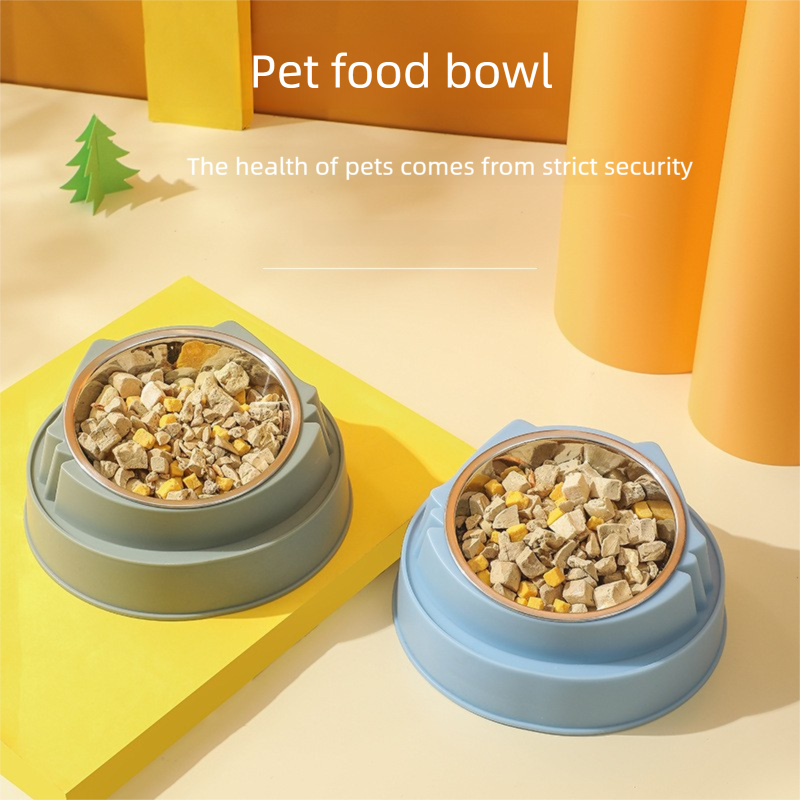 Blue Stainless Steel Cat Food Bowl with Cat Face Design Raised Pet Feeding Bowl