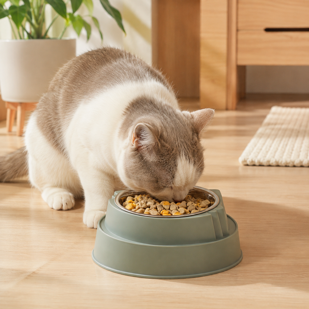 Green Stainless Steel Cat Food Bowl with Cat Face Design Raised Pet Feeding Bowl