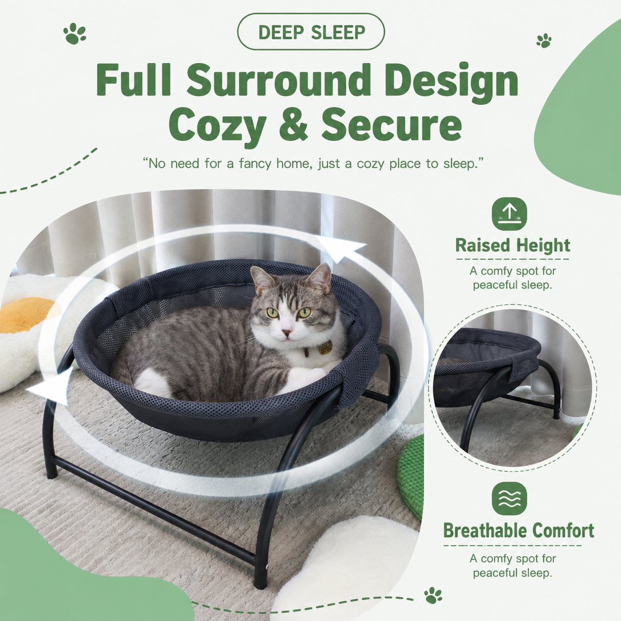 Dark Grey Elevated Cat Hammock Bed - 45 x 42 x 23 cm Reinforced Iron Frame and Easily Removable Breathable Elastic Mesh, Stable Raised Cooling Lounger for Cats and Small Dogs All Season Use