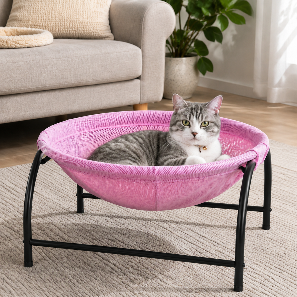 Pink Elevated Cat Hammock Bed - 45 x 42 x 23 cm Reinforced Iron Frame and Easily Removable Breathable Elastic Mesh, Stable Raised Cooling Lounger for Cats and Small Dogs All Season Use