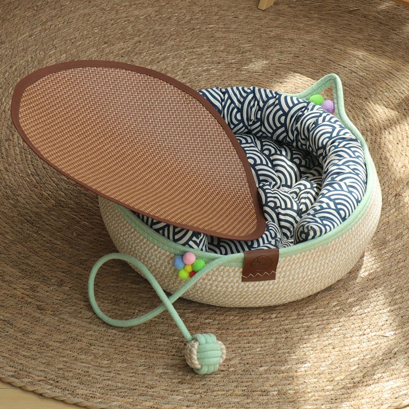 S Size Handwoven Natural Rattan Cat Bed and Scratcher - Washable Low-Mess Round Nest with Blue Removable Cushion, Pillow, Cooling Mat and Toy Ball for All-Season Indoor Rest