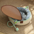 S Size Handwoven Natural Rattan Cat Bed and Scratcher - Washable Low-Mess Round Nest with Blue Removable Cushion, Pillow, Cooling Mat and Toy Ball for All-Season Indoor Rest