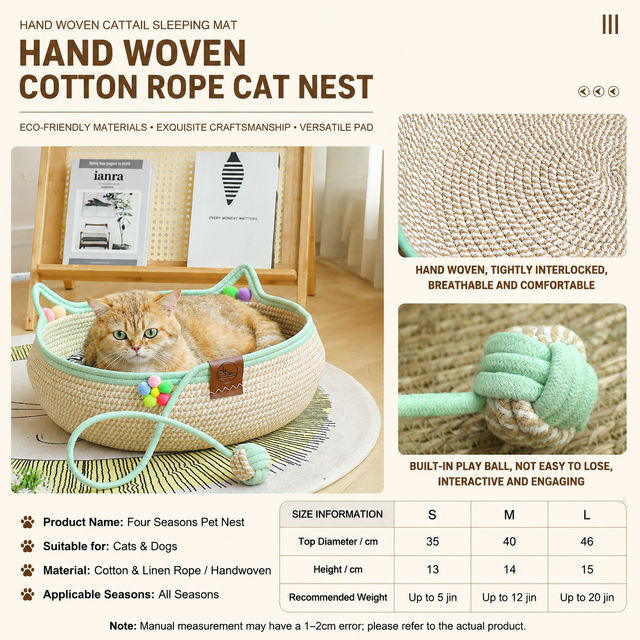 S Size Handwoven Natural Rattan Cat Bed and Scratcher - Washable Low-Mess Round Nest with White Removable Cushion, Pillow, Cooling Mat and Toy Ball for All-Season Indoor Rest