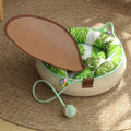 S Size Handwoven Natural Rattan Cat Bed and Scratcher - Washable Low-Mess Round Nest with Green Removable Cushion, Pillow, Cooling Mat and Toy Ball for All-Season Indoor Rest