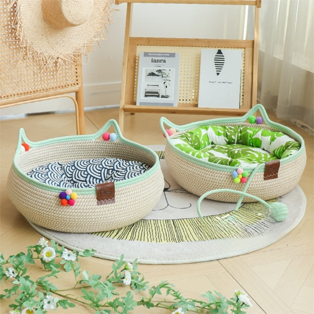 S Size Handwoven Natural Rattan Cat Bed and Scratcher - Washable Low-Mess Round Nest with Green Removable Cushion, Pillow, Cooling Mat and Toy Ball for All-Season Indoor Rest