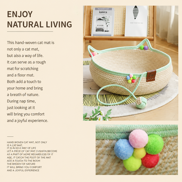 M Size Handwoven Natural Rattan Cat Bed and Scratcher - Washable Low-Mess Round Nest with Blue Removable Cushion, Pillow, Cooling Mat and Toy Ball for All-Season Indoor Rest