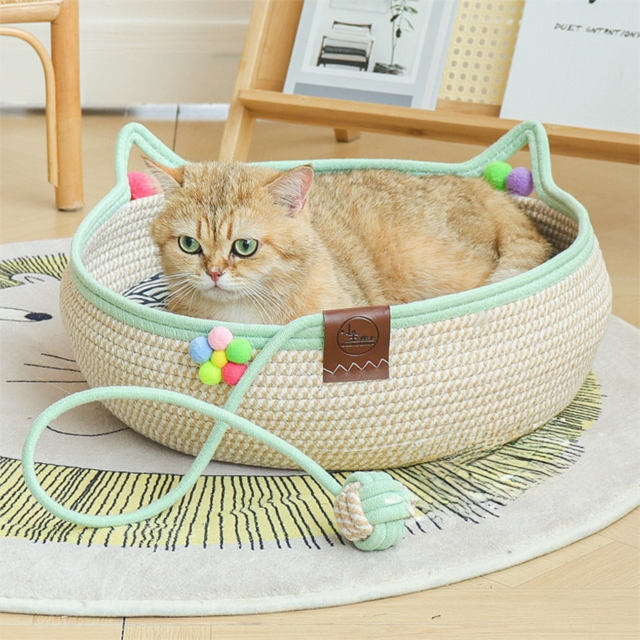 M Size Handwoven Natural Rattan Cat Bed and Scratcher - Washable Low-Mess Round Nest with Blue Removable Cushion, Pillow, Cooling Mat and Toy Ball for All-Season Indoor Rest