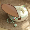 M Size Handwoven Natural Rattan Cat Bed and Scratcher - Washable Low-Mess Round Nest with White Removable Cushion, Pillow, Cooling Mat and Toy Ball for All-Season Indoor Rest