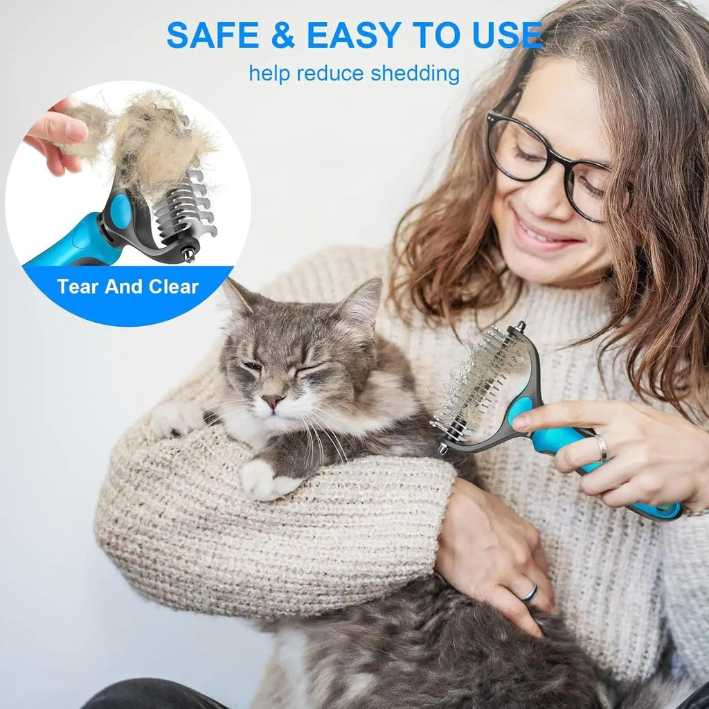 Blue Dual Sided Pet Knot Cutter for Dogs & Cats - 17 / 9 Tooth Undercoat Grooming Rake with Non-Slip TPR Handle, Perfect Long Fur Remove Tangles Mats Knots