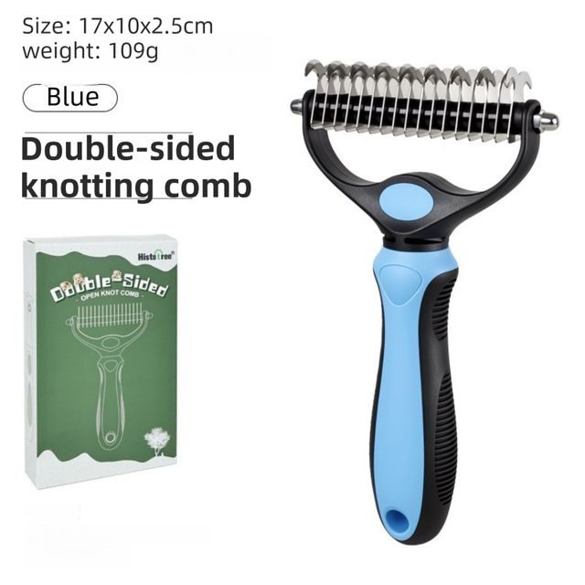 Blue Dual Sided Pet Knot Cutter for Dogs & Cats - 17 / 9 Tooth Undercoat Grooming Rake with Non-Slip TPR Handle, Perfect Long Fur Remove Tangles Mats Knots