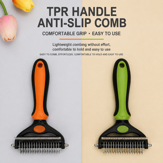 Green Dual Sided Pet Knot Cutter for Dogs & Cats - 17 / 9 Tooth Undercoat Grooming Rake with Non-Slip TPR Handle, Perfect Long Fur Remove Tangles Mats Knots