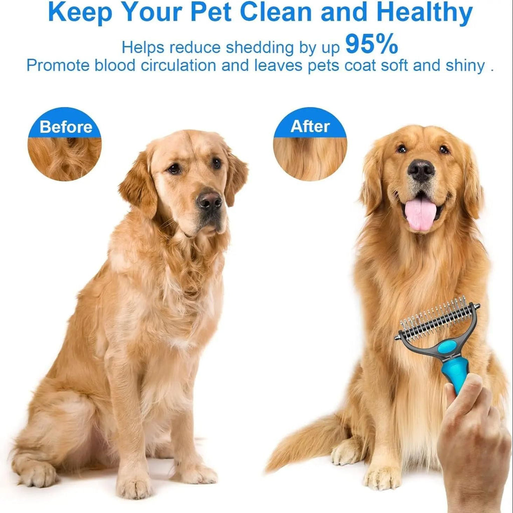 Green Dual Sided Pet Knot Cutter for Dogs & Cats - 17 / 9 Tooth Undercoat Grooming Rake with Non-Slip TPR Handle, Perfect Long Fur Remove Tangles Mats Knots