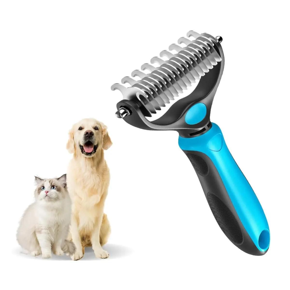 Orange Dual Sided Pet Knot Cutter for Dogs & Cats - 17 / 9 Tooth Undercoat Grooming Rake with Non-Slip TPR Handle, Perfect Long Fur Remove Tangles Mats Knots