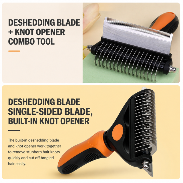 2-in-1 Green Pet Knot Cutter Built in Shedding Comb for Dogs & Cats - Undercoat Grooming Rake with Non-Slip TPR Handle, Perfect Long Fur Remove Tangles Mats Knots
