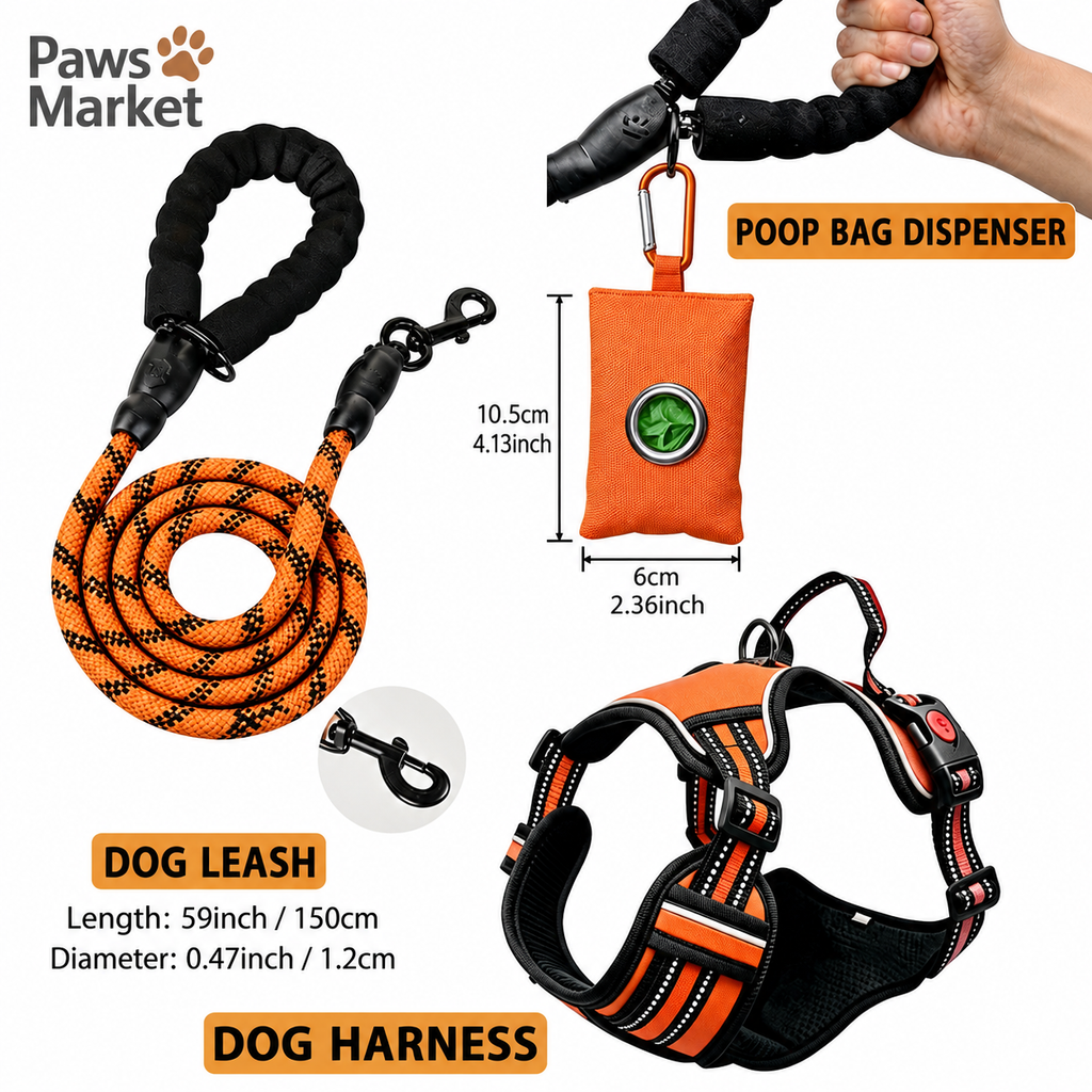 3 Piece Orange No Pull Dog Harness and Leash Set with Poop Bag Holder (S Size) - Adjustable Escape Proof Reflective Vest for Small Medium Large Dogs