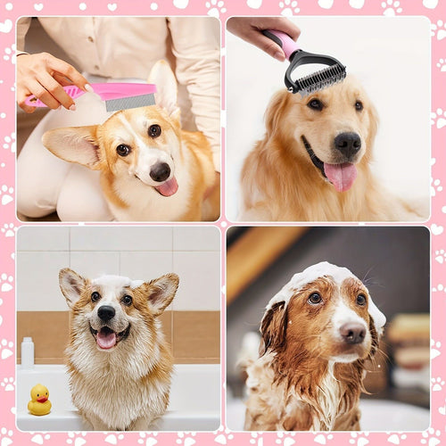 7PCS Blue Pet Grooming, Nail and Oral Care Kit - Selfcleaning Slicker Brush, Dematting Rake, Nail Clipper / File, Flea Comb & Silicone Finger Toothbrushes for Dog Cat