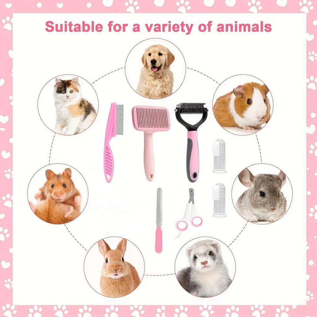 7PCS Blue Pet Grooming, Nail and Oral Care Kit - Selfcleaning Slicker Brush, Dematting Rake, Nail Clipper / File, Flea Comb & Silicone Finger Toothbrushes for Dog Cat