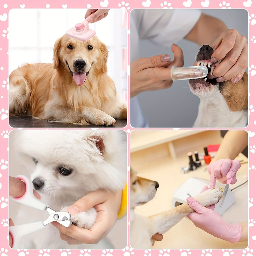 7PCS Pink Pet Grooming, Nail and Oral Care Kit - Selfcleaning Slicker Brush, Dematting Rake, Nail Clipper / File, Flea Comb & Silicone Finger Toothbrushes for Dog Cat