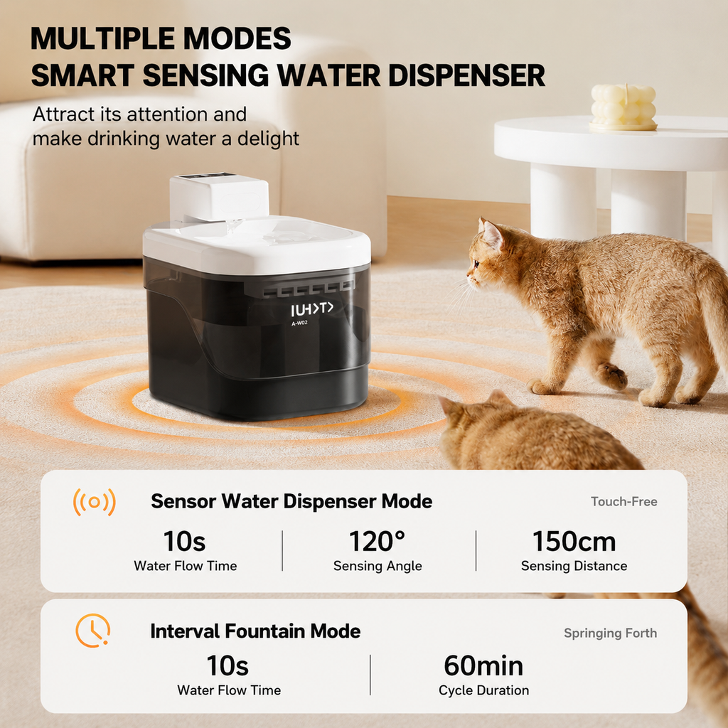Pure Black and White Smart Motion Sensor Wireless Pet Water Fountain - 2L Cordless Quiet Automatic Water Dispenser with Quadruple Filtration for Cats and Dogs