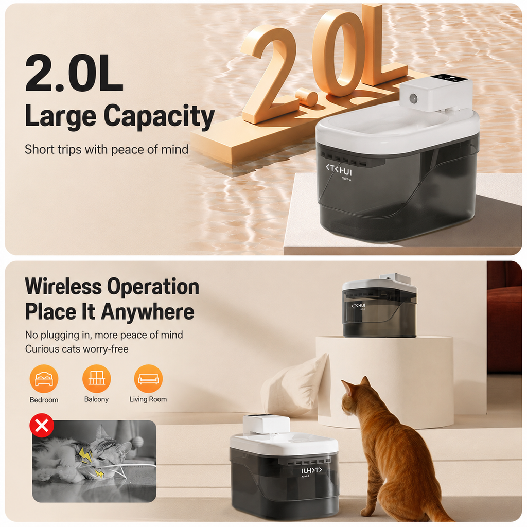Transparent Black and White Smart Motion Sensor Wireless Pet Water Fountain - 2L Cordless Quiet Automatic Water Dispenser with Quadruple Filtration for Cats and Dogs