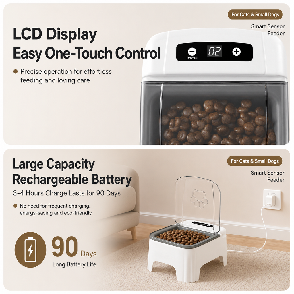 Grey and White Smart Infrared Motion Sensor Automatic Pet Feeder - 700ml Timed Auto Open Lid Food Bowl with LCD Screen & Rechargable Battery for Cats and Dogs