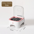 Pink and White Smart Infrared Motion Sensor Automatic Pet Feeder - 700ml Timed Auto Open Lid Food Bowl with LCD Screen & Rechargable Battery for Cats and Dogs