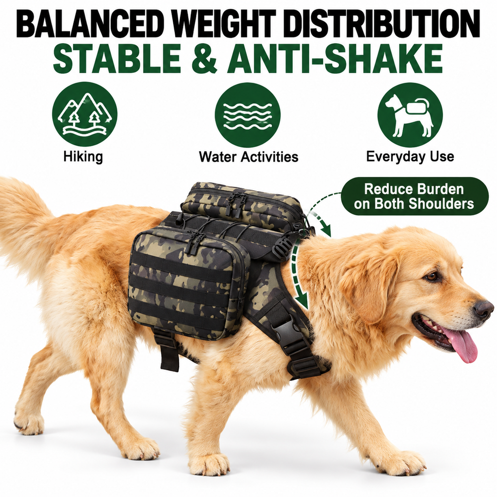 2-in-1 Black Dog Saddlebag Harness Backpack - Large Dog Adjustable Hiking Pack with Detachable Dual Side Pouches, Breathable Lining, Top Handle and Padded Neck Support
